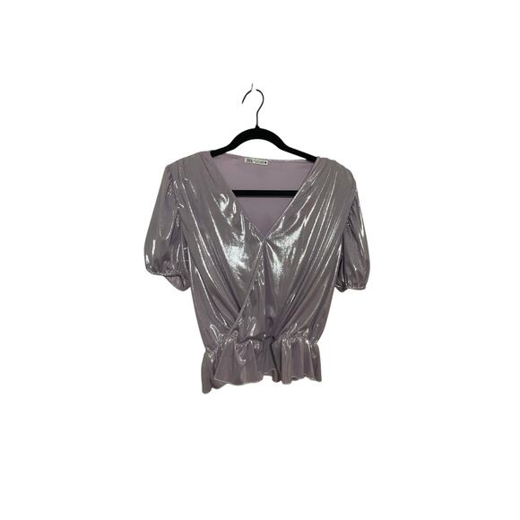 Zara Women's Surplice Metallic Peplum Blouse S Deco Retro Shiny Shoulder Pads - Picture 1 of 5